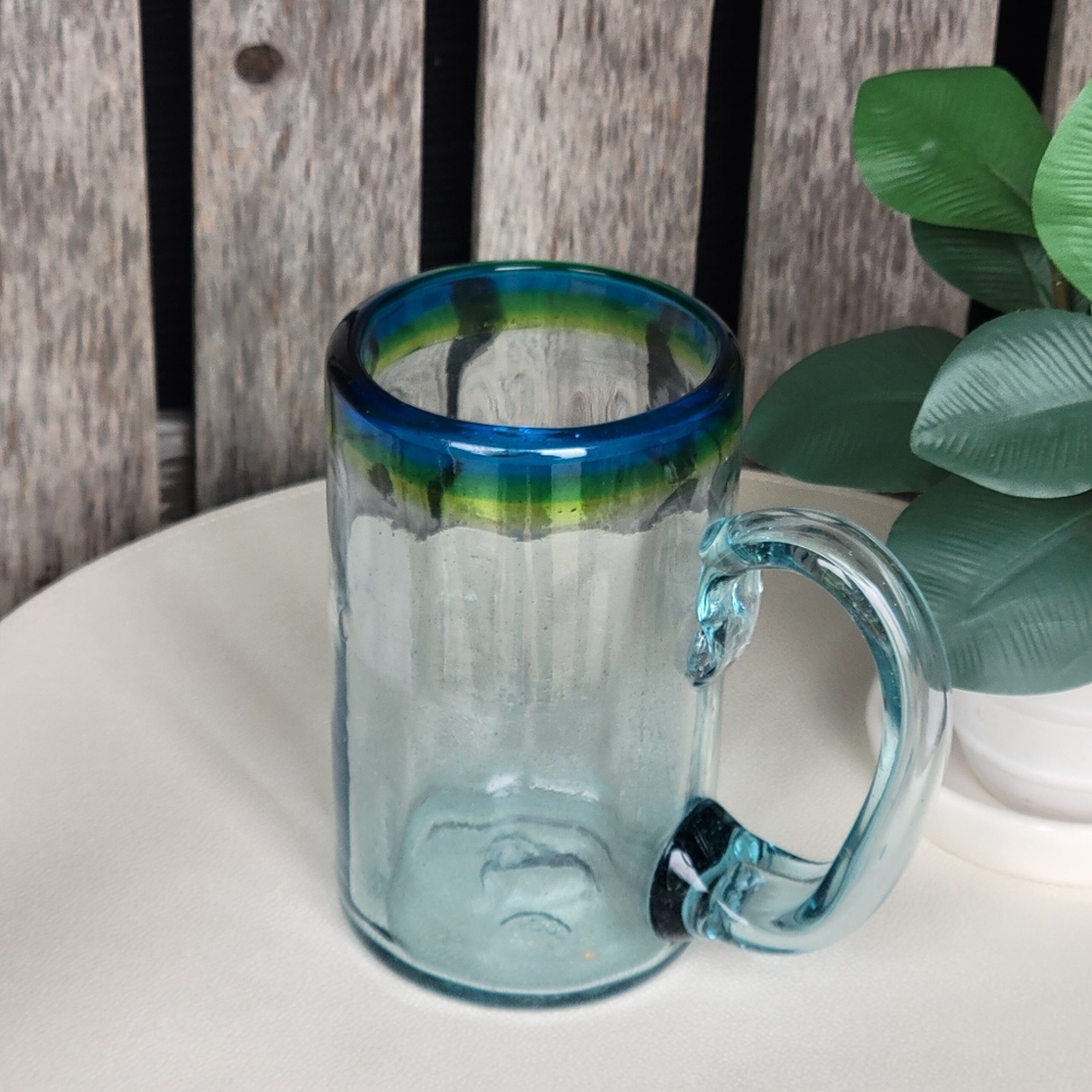 Mexican Handblown Thick Beer Stein Blue Green & Yellow Rim